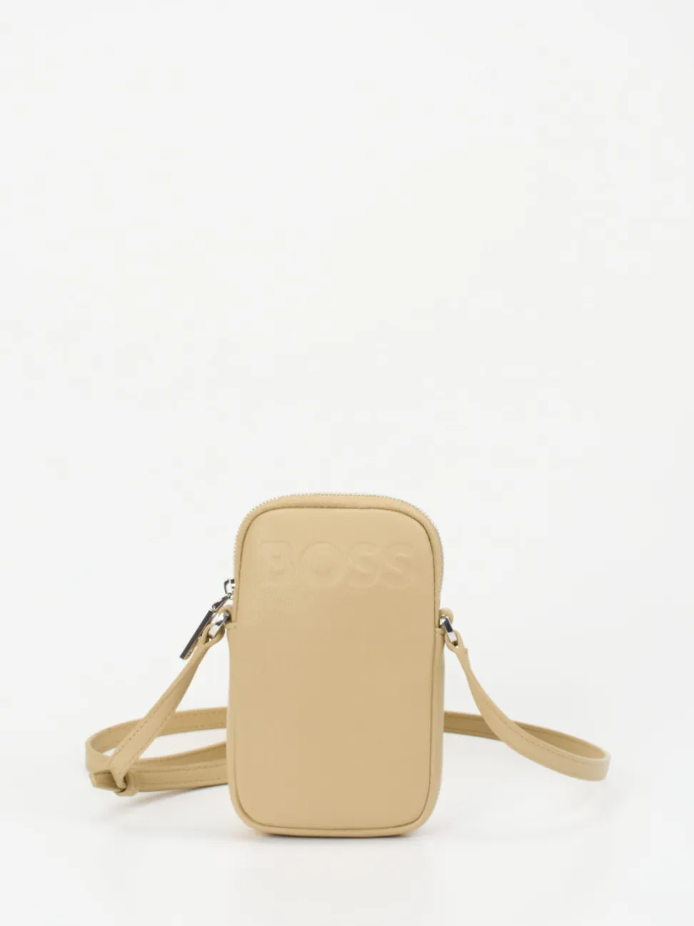 Boss – Handy-Umhängetasche aus Leder in Beige