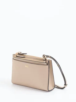 Boss – Schultertasche aus Kalbleder in Beigegrau