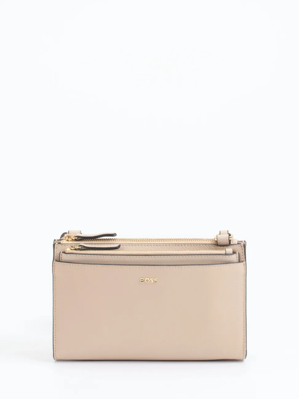 Boss – Schultertasche aus Kalbleder in Beigegrau