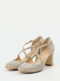 Konstantin Starke – Spangenpumps aus Glitzer-Textil Champagner