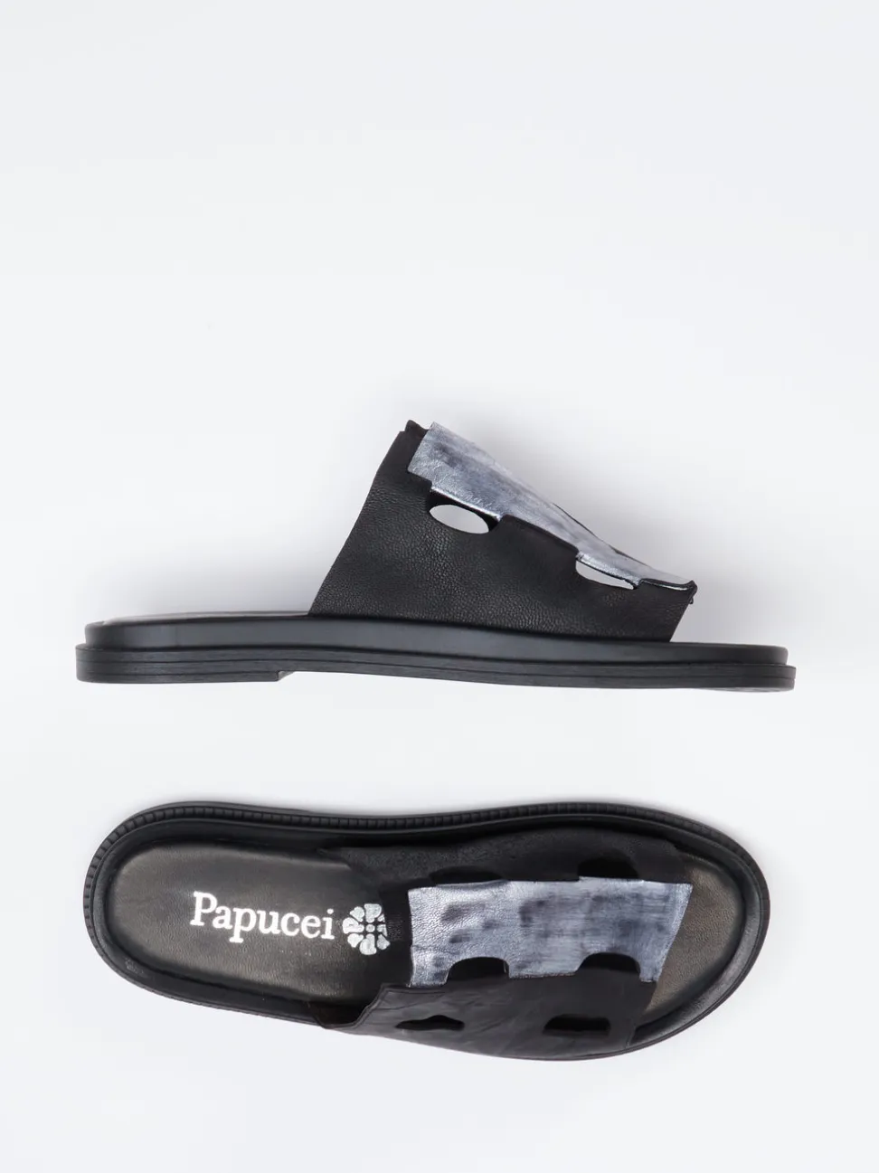 Papucei – Slides aus Känguruleder in Schwarz Metallic
