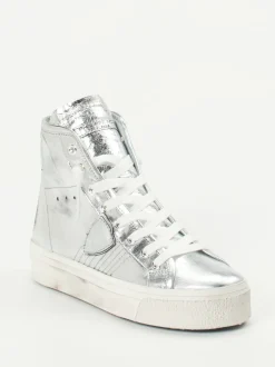 Philippe Model – High-Top Sneaker aus Metallicleder Silber