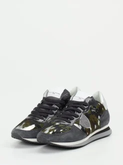 Philippe Model – Sneaker aus Fell und Veloursleder oliv