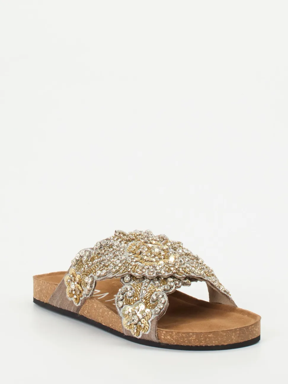 Strategia – Pantoletten aus Metallicleder mit Korkfußbett