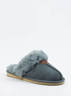 Thies – Lammfell-Pantoffel aus Veloursleder blaugrau
