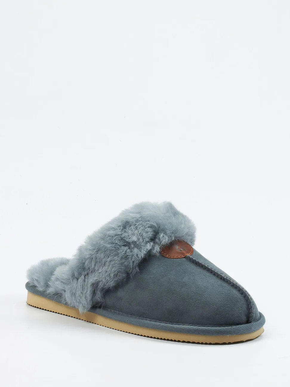 Thies – Lammfell-Pantoffel aus Veloursleder blaugrau