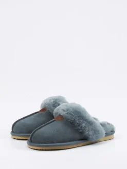 Thies – Lammfell-Pantoffel aus Veloursleder blaugrau
