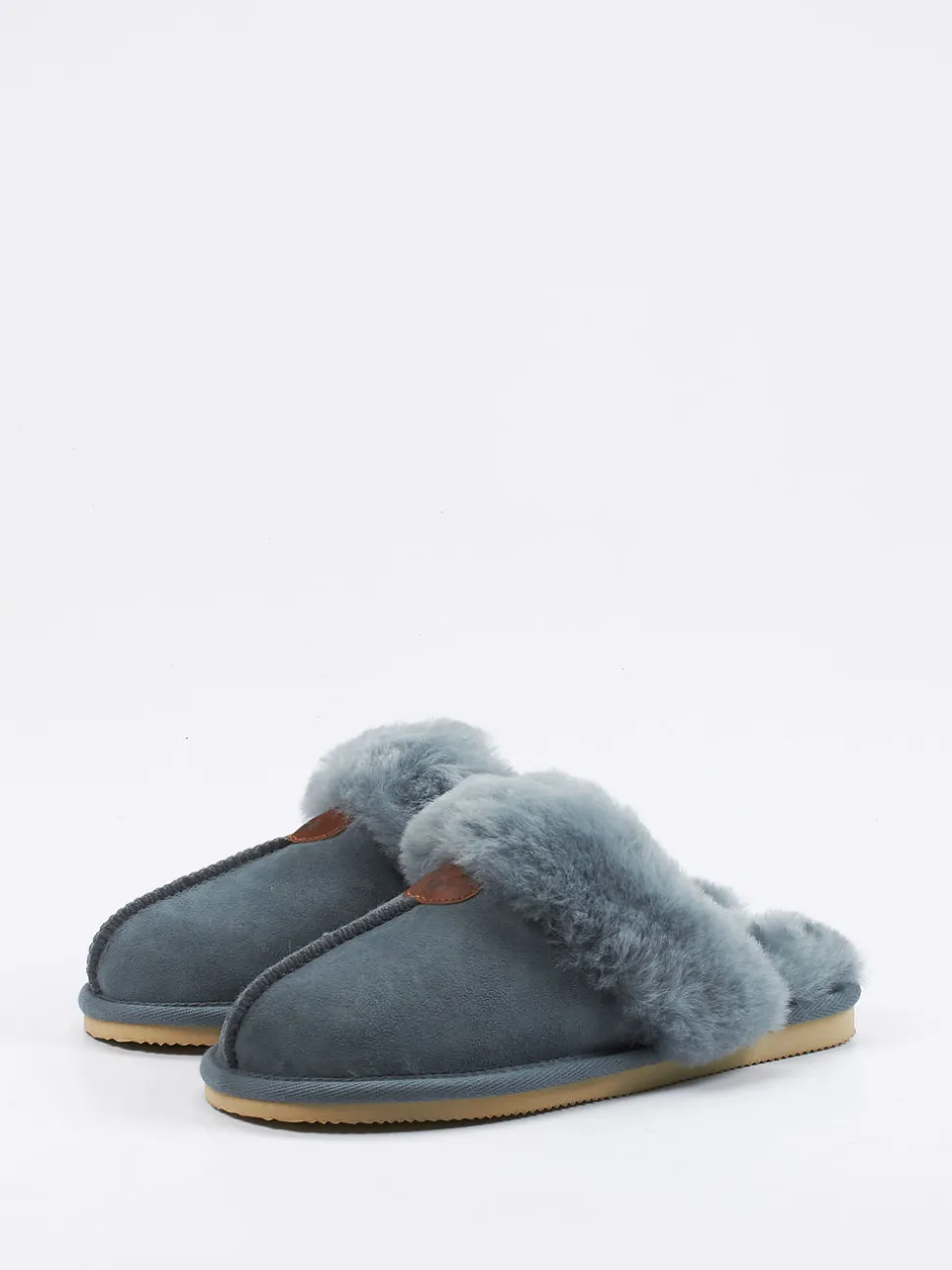 Thies – Lammfell-Pantoffel aus Veloursleder blaugrau