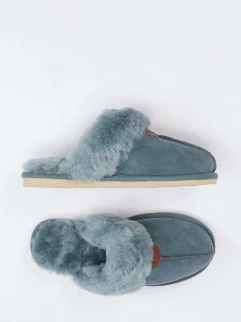 Thies – Lammfell-Pantoffel aus Veloursleder blaugrau