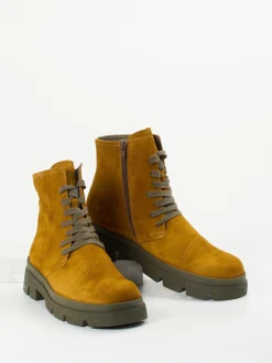Think – Schnürstiefelette aus Veloursleder Ockerbraun