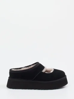 UGG – Hausschuhe aus Veloursleder mit Lammfell Schwarz