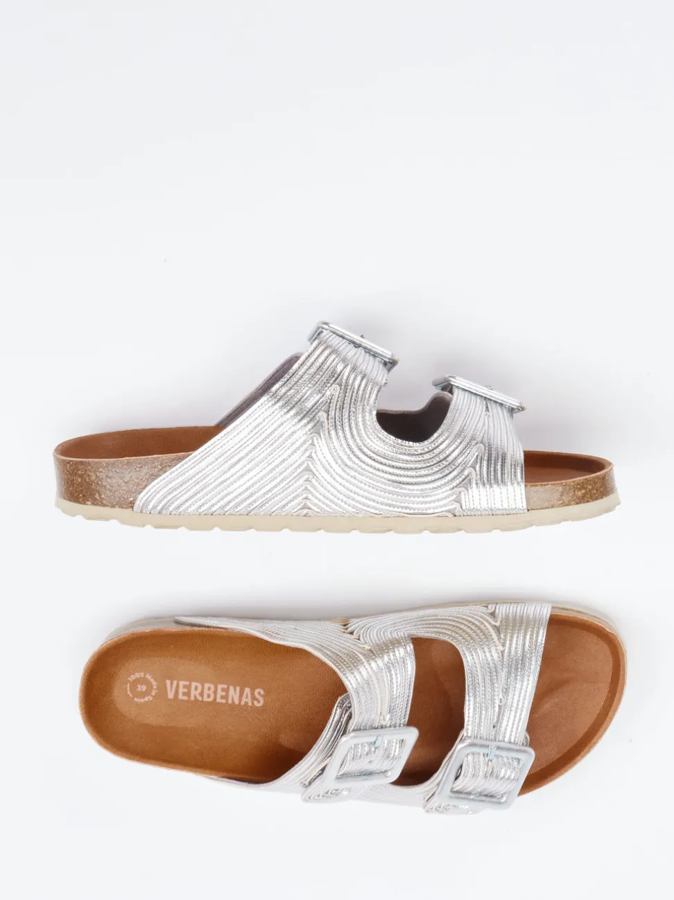 Verbenas – Zwei-Riemen-Pantolette aus Metallicleder silber